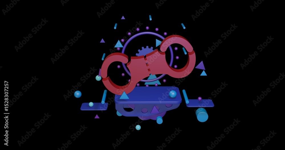 Poster red handcuffs symbol on a pedestal of abstract geometric shapes floating in the air. abstract concep