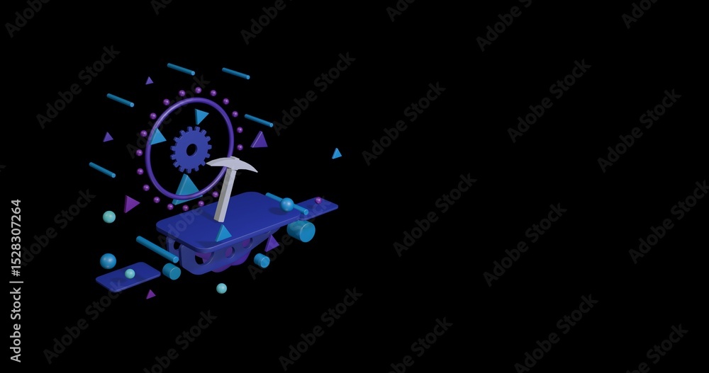 Poster white pickaxe symbol on a pedestal of abstract geometric shapes floating in the air. abstract concep