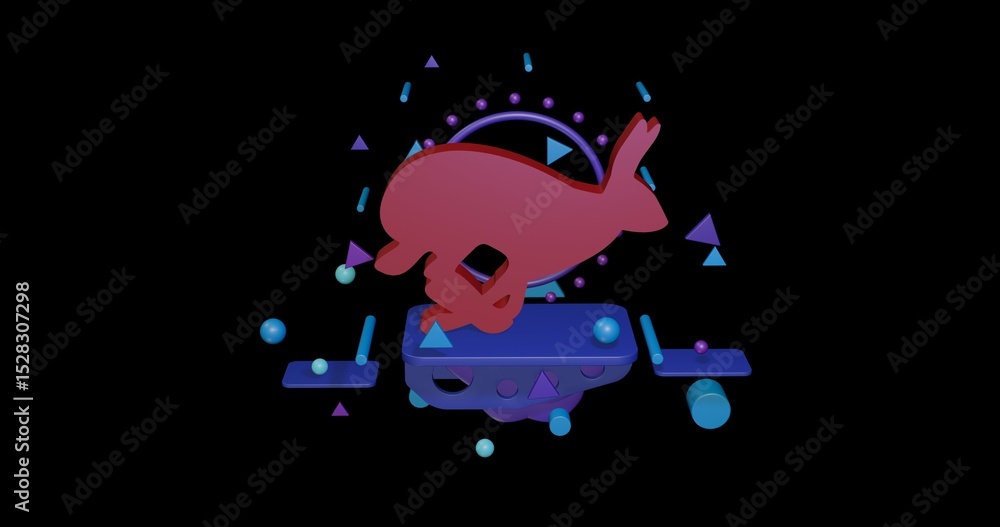 Poster red hare runs symbol on a pedestal of abstract geometric shapes floating in the air. abstract concep