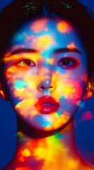 Fototapeta premium Close-up portrait of a woman's face illuminated by vibrant, multicolored projected lights creating a dreamy, surreal effect against a dark blue background. Her expression is calm and direct