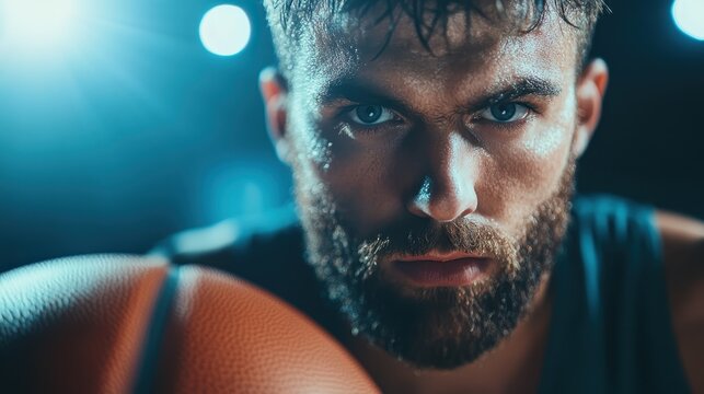 A focused basketball player poised with the ball, showcasing determination and intensity, captured in a dramatic lighting setting that highlights his athleticism and passion for the game.