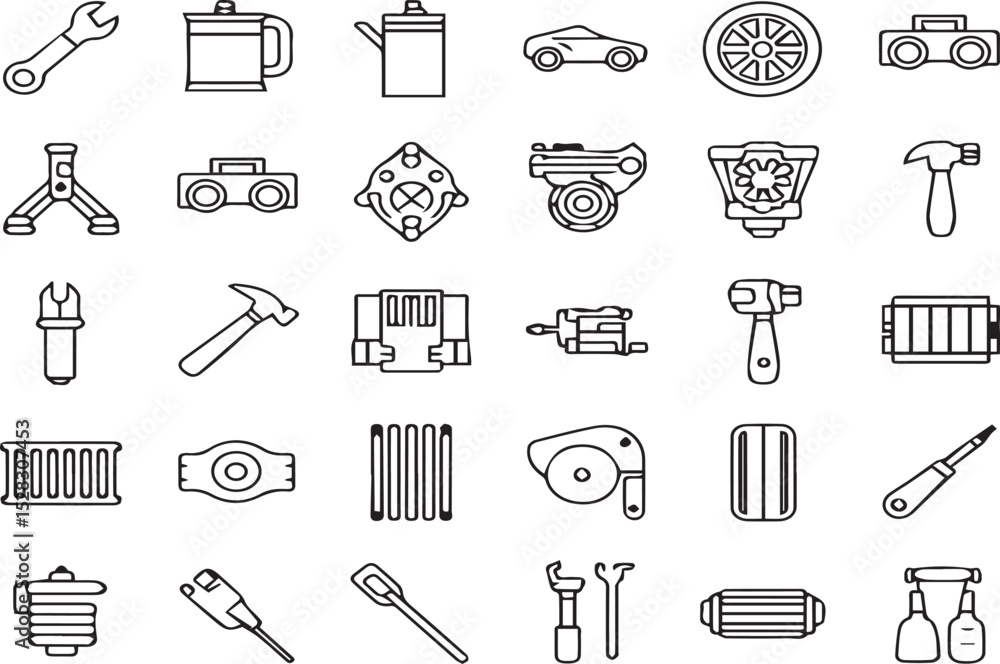 Poster car servicing elements - minimal thin line web icon set. outline flat icons collection set vector il