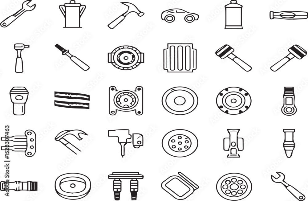Poster car servicing elements - minimal thin line web icon set. outline flat icons collection set vector il