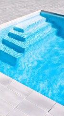 A pristine, rectangular swimming pool with clear, bright blue water, featuring submerged steps leading into the pool and a partially visible, sleek edge.  The pool is set against a light gray tiled 