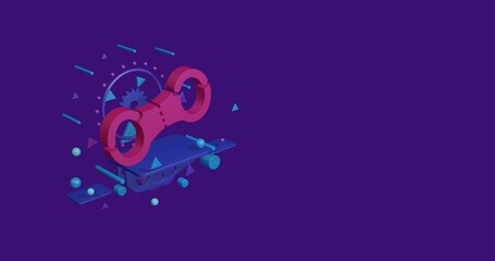 Pink handcuffs symbol on a pedestal of abstract geometric shapes floating in the air. Abstract concept art with flying shapes on the left. 3d illustration on deep purple background