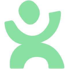 Abstract green figure with raised arms and curved legs on a white background is displayed here