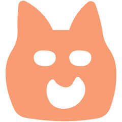 Illustration of a peach colored cartoon cat face with a smiling expression and pointed ears on white