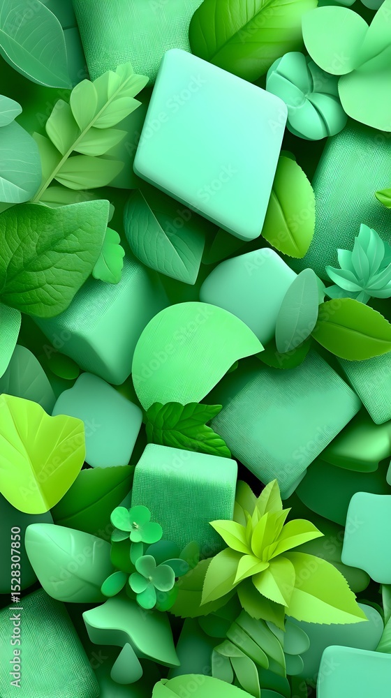 Poster abstract digital artwork featuring a vibrant mix of jade and lime green hues. smooth, geometric shap