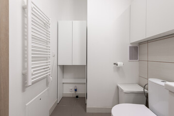 Modern White Bathroom Interior with Toilet, Radiator, and Storage Elements