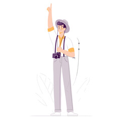 Explorer's Discovery: A modern illustration showcases a young explorer, pointing towards the sky. with a camera, highlighting the adventurous spirit and discovery.