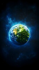 Obraz premium A digitally enhanced image of Earth, partially covered in lush green foliage, set against a dark cosmic backdrop with glowing nebulae. The planet appears vibrant and alive
