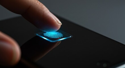 Fingertip touching glowing blue button