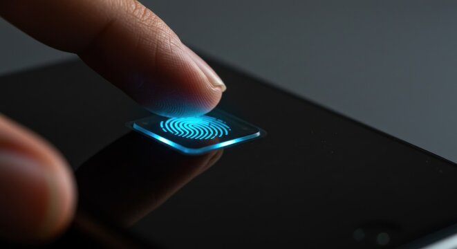 Fingertip touching glowing blue button