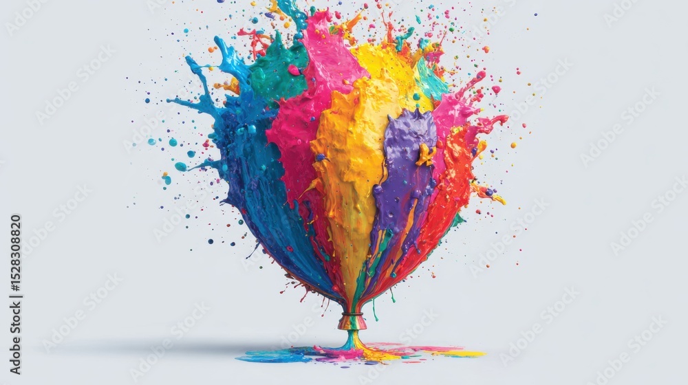 Poster an artistic representation features a hot air balloon crafted from a burst of colorful paint. the vi