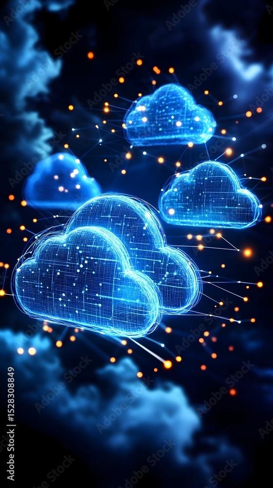 Poster glowing blue digital clouds interconnected by lines of light against a dark, smoky backdrop, suggest
