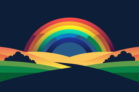 Vector illustration of rainbow sunset over road