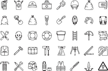 disaster prevention goods elements - minimal thin line web icon set. Outline flat icons collection set vector illustration