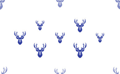Seamless pattern of large isolated blue deer head symbols. The pattern is divided by a line of elements of lighter tones. Illustration on light transparent background