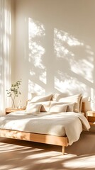 Sun-drenched minimalist bedroom with a light wood bed frame, cream linens, and subtle leafy shadows cast on the wall from an unseen window.  A small vase with greenery rests on a bedside table