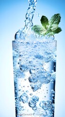 Sparkling water pours into a tall glass, creating bubbles and splashing; a sprig of mint rests on the rim.  The background is a light blue gradient