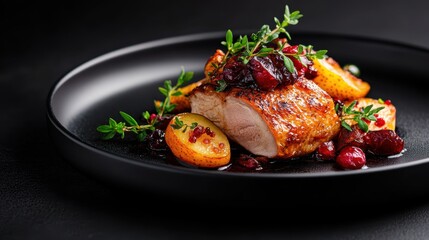 A mouthwatering plate of roast chicken beautifully garnished with vibrant fruits and herbs, perfect for showcasing culinary artistry and flavor.