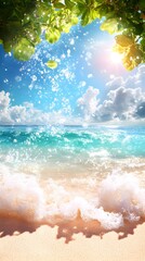 Sunlit tropical beach scene with gentle waves lapping a sandy shore, framed by vibrant green foliage overhead, showcasing a bright blue sky with fluffy clouds and sparkling water