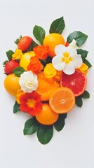 A vibrant still life of citrus fruits (oranges, grapefruits, lemons) and strawberries artfully arranged with orange, red, and white flowers and green leaves, creating a heart-like shape agains