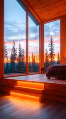Sunset-lit modern cabin bedroom with large windows showcasing a vibrant boreal forest scene at twilight, illuminated by warm LED step lighting on a raised wooden platform