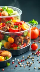 Three clear plastic containers filled with a vibrant mix of roasted meat, cherry tomatoes, and cucumbers, accompanied by fresh herbs and spices, suggest a healthy and prepared meal. Steam