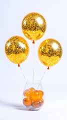 Three large gold balloons with confetti flecks, attached to thin wires, rise from a clear glass vase filled with smaller, similarly colored balloons.  The background is a plain white