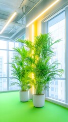 Three lush potted palm plants stand on a vibrant green floor near large windows in a modern, bright office space.  Linear LED lighting illuminates the scene