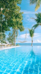Tranquil poolside scene with hammock, palm trees, and ocean view;  bright, sunny day; luxurious resort feel