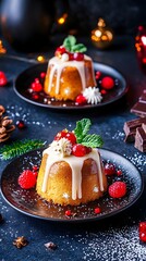 Two elegant, golden-brown desserts, possibly puddings, are presented on dark plates.  Each is topped with a white glaze, cranberries, raspberries, and a sprig of mint. Festive holiday decorations