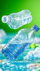Two plastic water bottles, one clear and one blue, appear to float above a pile of crumpled plastic waste against a vibrant green backdrop.  The image highlights plastic pollution and recycling issues