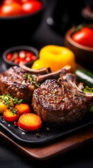 Two succulent, seasoned lamb chops, expertly seared to a rich brown, rest on a hot cast-iron skillet with roasted vegetables including carrots, zucchini, and bell peppers; a sprig of thyme adds a 