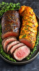 Two sliced roasted meat loaves, one dark and one light orange, rest on a dark grey platter garnished with fresh thyme sprigs.  The meat is juicy and appears tender, showcasing a flavorful glaze