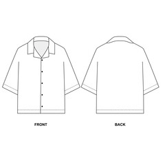 Vector drawing of pajama shirt, front and back view. Sketch of unisex summer Hawaiian shirt with short sleeves, white color. Blank button-down shirt template.