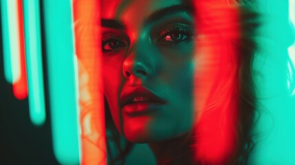 Obraz premium An engaging portrait of a woman illuminated by vibrant neon lights, blending colors that evoke creativity and modern artistry, ideal for fashion and artistic representations.