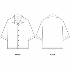 Drawing of pajama shirt, front and back view. Sketch of unisex summer Hawaiian shirt with short sleeves, white color. Blank button-down shirt template.