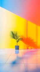 Vibrant, colorful room with a potted plant casting a dramatic shadow on a bright yellow wall, illuminated by blue and red light. The glossy floor reflects the scene
