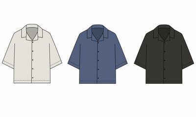 Collection of pajama shirt pattern, gray, blue, black colors. Sketch of unisex summer Hawaiian shirt with short sleeves. Blank button-down shirt template.