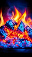 Vibrant, close-up shot of burning firewood, showcasing intensely colored flames of orange, red, and blue hues engulfing glowing embers and ash.  The image has a dark, moody background
