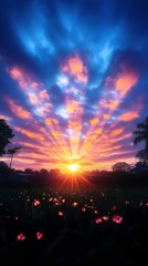 Vibrant sunrise bursting through clouds, casting radiant orange and pink hues across a silhouetted field of flowers, creating a dramatic and colorful scene