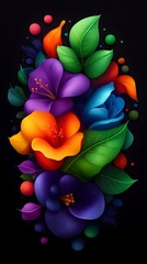 Vibrant, stylized floral bouquet in rainbow hues against a black background.  Flowers and leaves rendered with smooth gradients and glossy textures; colorful orbs scattered around