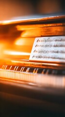 Warmly lit grand piano's keys and sheet music rest on the open lid, bathed in a golden, ambient light, suggesting a musical moment of quiet contemplation or preparation