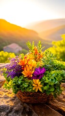 Vibrant wildflowers in a woven basket, perched on a stone ledge, bathed in the golden light of a setting sun against a mountainous backdrop