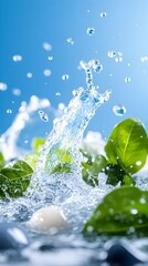 Vibrant water splash erupting amidst lush green leaves and smooth stones against a clear blue sky, creating a refreshing and lively scene