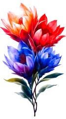 Vibrant watercolor-style bouquet of three stylized flowers, in shades of red, orange, and blue, with dark green foliage and intertwined stems against a white background