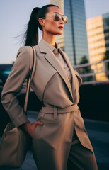 Asian woman wearing a stylish business suit and sunglasses stands confidently in an urban setting under a sunset sky. She exudes elegance and professionalism. Image made using Generative AI.