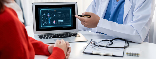 Medical science technology and futuristic healthcare virtual computer software analyze human health...